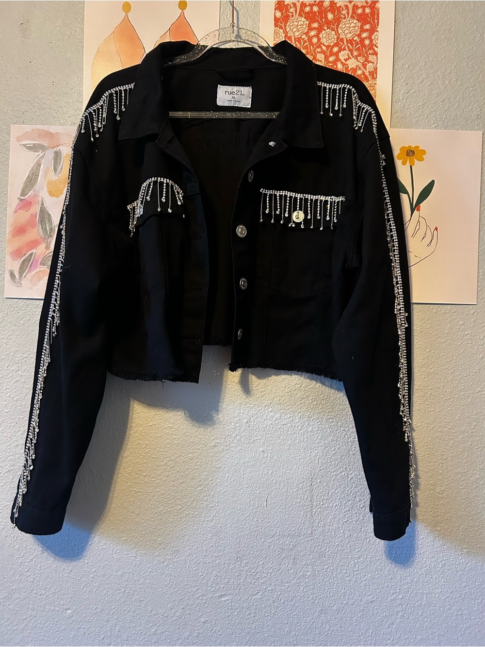 rue21 Black Cropped Jacket with Silver Beaded Fringe Accents